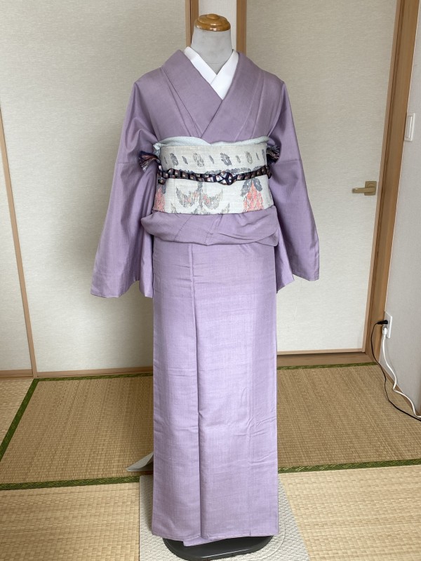 最終価格　結城紬　市松　絣　ぼかし　紫　単衣　着物　正絹コンパクトな梱包になります